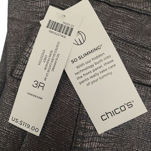 Chicos Size 3 16 Womens So Slimming Girlfriend Coated Silver Gator Ankle Jeans - Picture 12 of 14